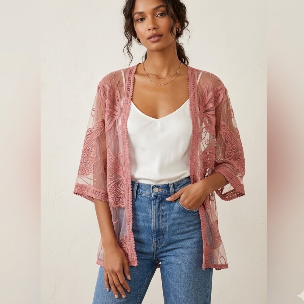 Simply Couture Butterfly Embroidered Sheer Mesh Kimono Cardigan Dusty Rose NWOT - Picture 2 of 6